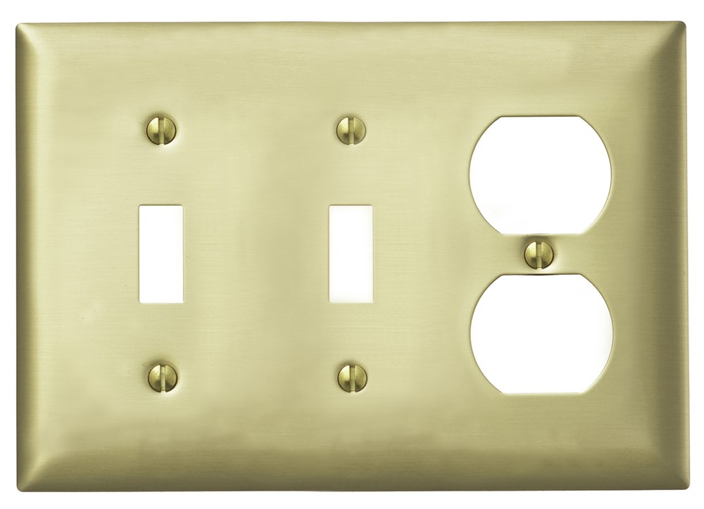 Hubbell Wiring Device Kellems, Wallplates and Boxes, Metallic Plates, 3-Gang, 2) Toggle, 1) Duplex, Standard Size, Brass Plated Steel