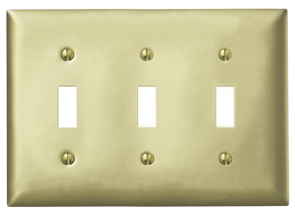 Hubbell Wiring Device Kellems, Wallplates and Boxes, Metallic Plates, 3-Gang, 3) Toggles, Standard Size, Brass Plated Steel
