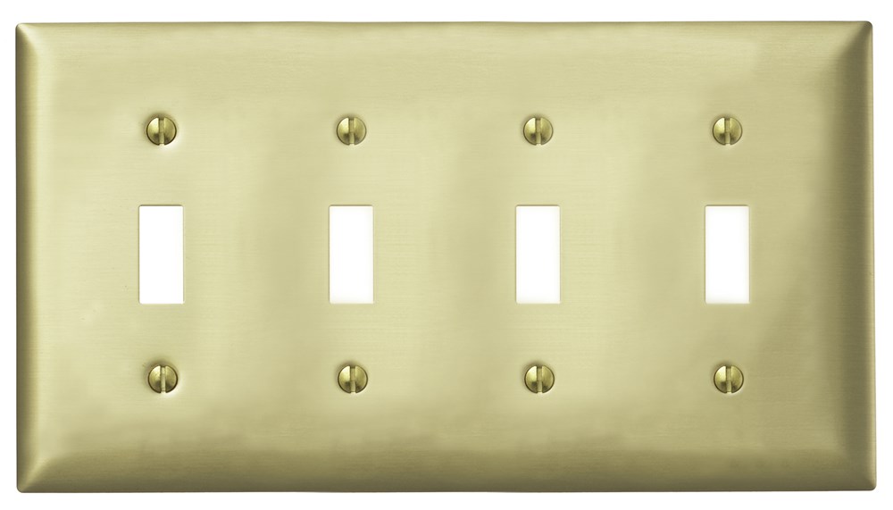 Hubbell Wiring Device Kellems, Wallplates and Boxes, Metallic Plates, 4-Gang, 4) Toggle, Standard Size, Brass Plated Steel