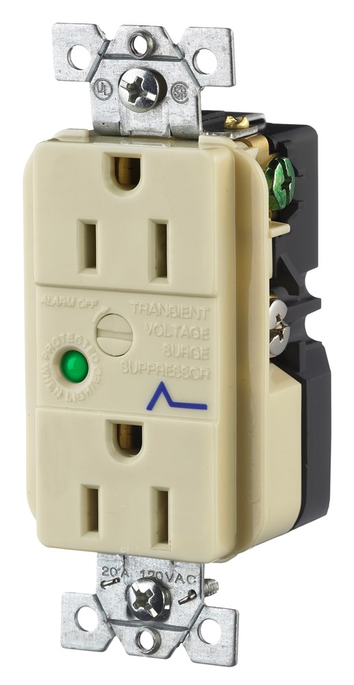 Circuit Watch Surge Suppression Straight Blade Receptacle, Industrial/Commercial Grade, 15A 125V, 2-Pole 3-Wire Grounding, 5-15R, Ivory