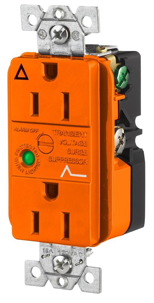 Circuit Watch Surge Suppression Straight Blade Receptacle, Industrial/Commercial Grade, Isolated Ground, 15A 125V, 2- Pole 3-Wire Grounding, 5-15R, Orange