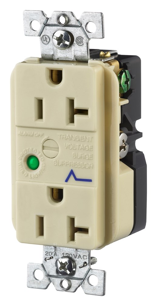 Circuit Watch Surge Suppression Straight Blade Receptacle, Industrial/Commercial Grade, 20A 125V, 2-Pole 3-Wire Grounding, 5-20R, Ivory