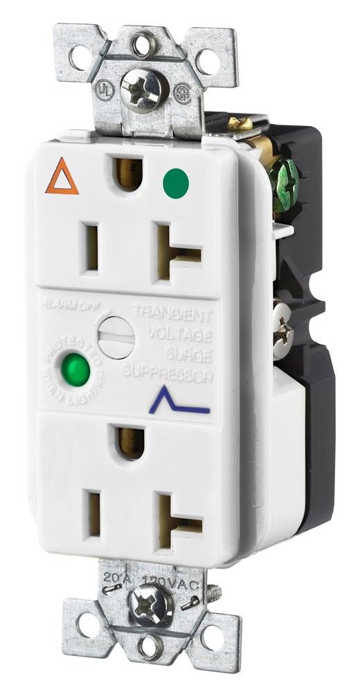 Circuit Watch Surge Suppression Straight Blade Receptacle, Hospital Grade, Isolated Ground, 20A 125V, 2-Pole 3-Wire Grounding, 5-20R, White