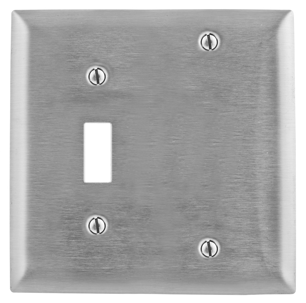 Hubbell Wiring Device Kellems, Wallplates and Boxes, Metallic Plates, 2-Gang, 1) Toggle Opening 1)Blank, Standard Size, Stainless Steel