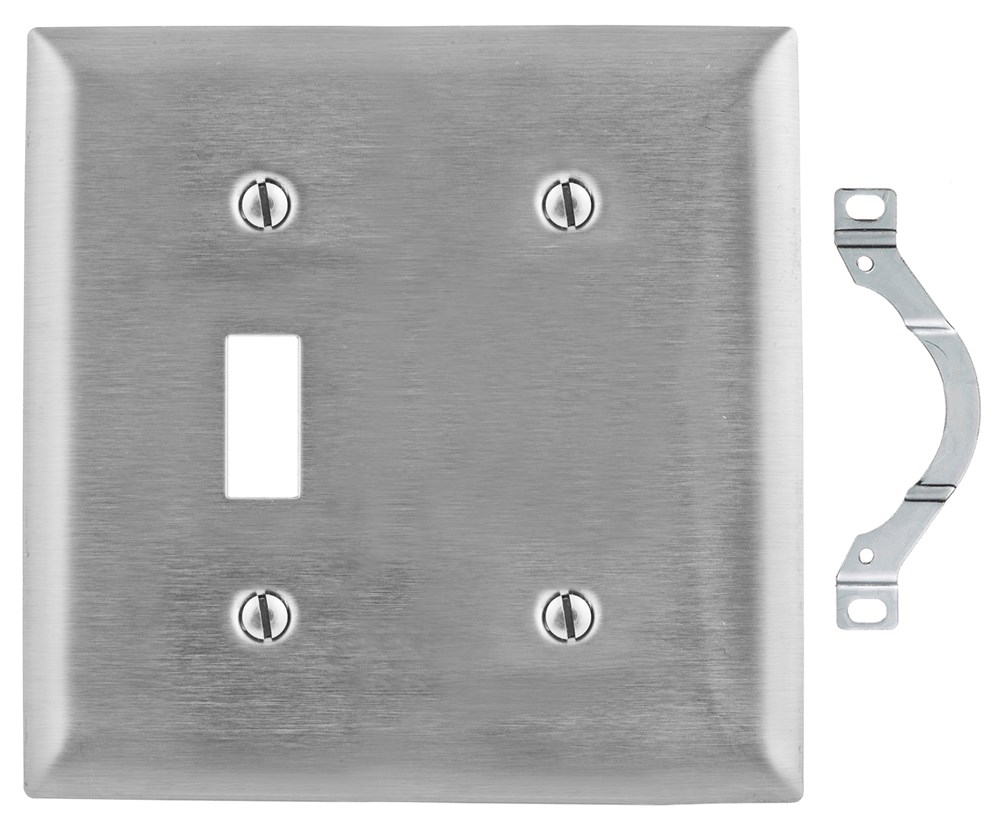 Hubbell Wiring Device Kellems, Wallplates and Boxes, Metallic Plates, 2-Gang, 1) Toggle Opening 1) Blank, Standard Size, Stainless Steel