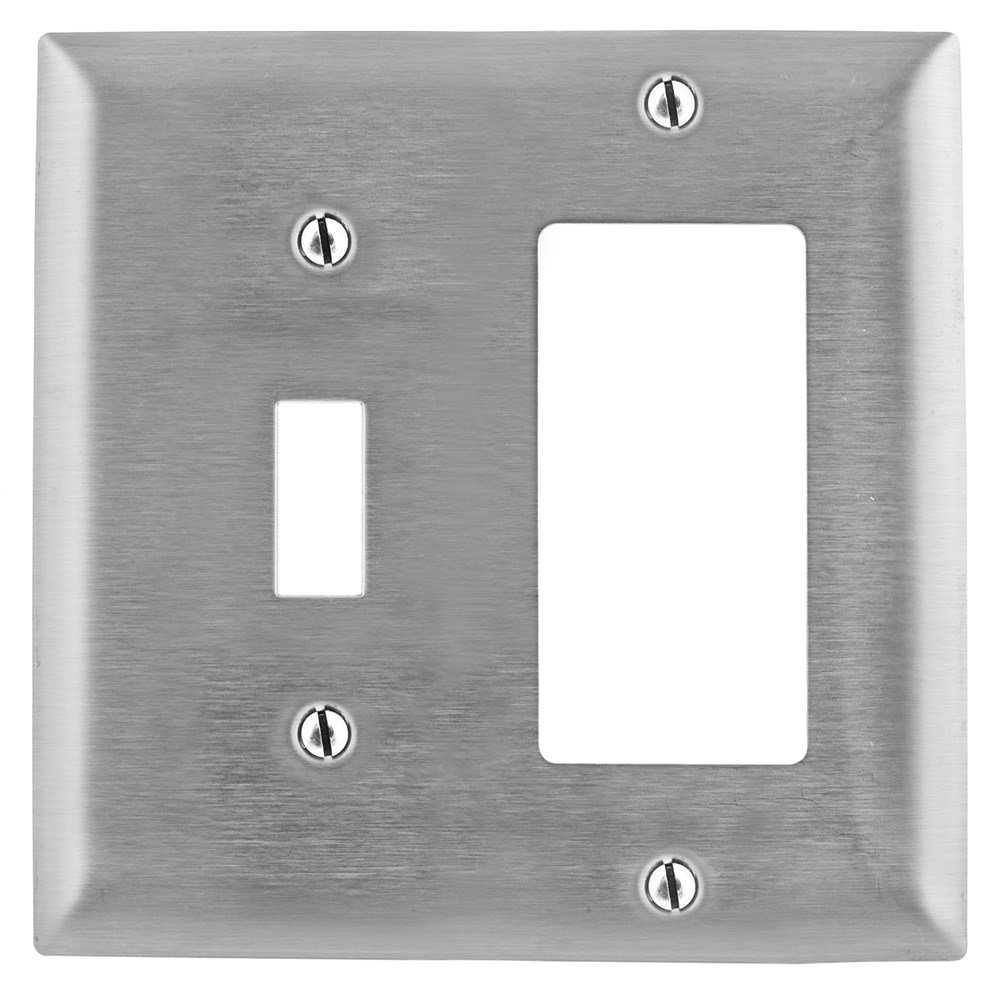 Hubbell Wiring Device Kellems, Wallplates and Boxes, Metallic Plates, 2-Gang, 1) Toggle Opening 1) GFCI Opening, 430 Stainless Steel
