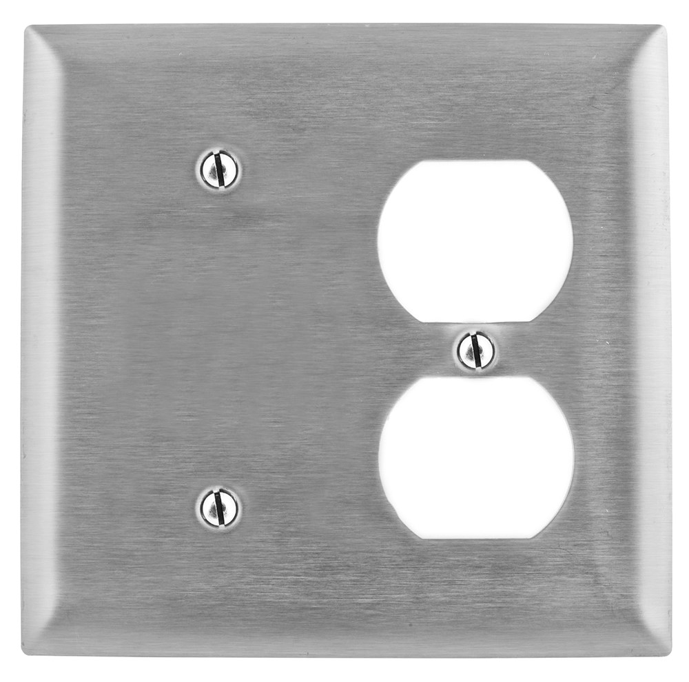 Hubbell Wiring Device Kellems, Wallplates and Boxes, Metallic Plates, 2-Gang, 1 Blank 1) Duplex Opening, Standard Size, Stainless Steel
