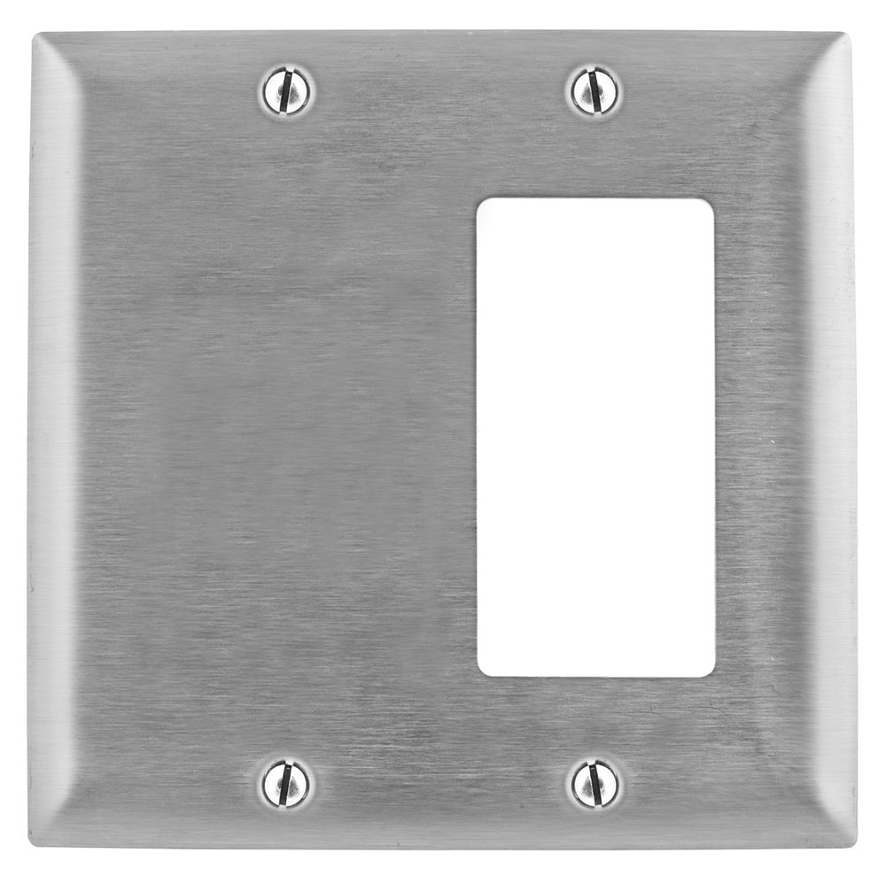 Hubbell Wiring Device Kellems, Wallplates and Boxes, Metallic Plates, 2-Gang, 1) Blank 1) GFCI Opening, Standard Size, Stainless Steel