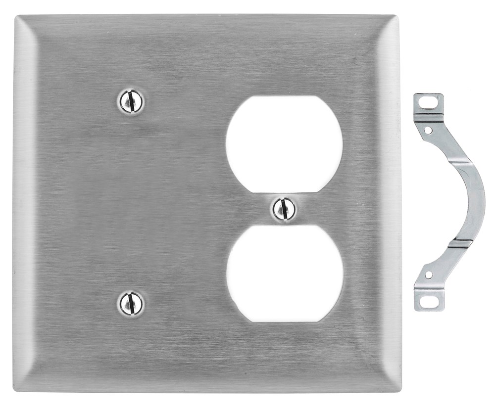 Hubbell Wiring Device Kellems, Wallplates and Boxes, Metallic Plates, 2-Gang, 1) Blank 1) Duplex Opening, Standard Size, Stainless Steel