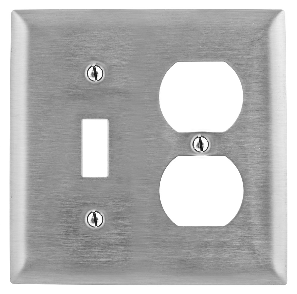 SS18L 883778095054 Hubbell Wiring Device Kellems, Wallplates and Boxes, Metallic Plates, 2-Gang, 1) Toggle Opening 1) Duplex Opening, 430 Stainless Steel