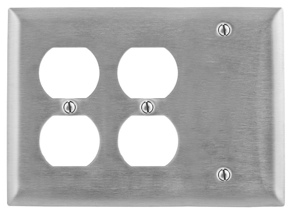 Hubbell Wiring Device Kellems, Wallplates and Boxes, Metallic Plates, 3-Gang, 2) Duplex Openings 1) Blank, Standard Size, Stainless Steel