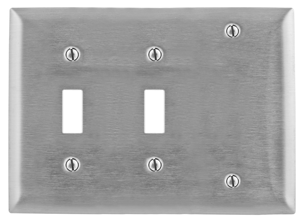 Hubbell Wiring Device Kellems, Wallplates and Boxes, Metallic Plates, 3-Gang, 2) Toggle Openings 1) Blank, Standard Size, Stainless Steel