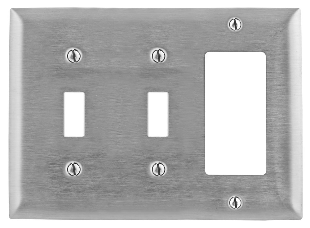 Hubbell Wiring Device Kellems, Wallplates and Boxes, Metallic Plates, 3-Gang, 2) Toggle 1) GFCI Openings, Standard Size, Stainless Steel