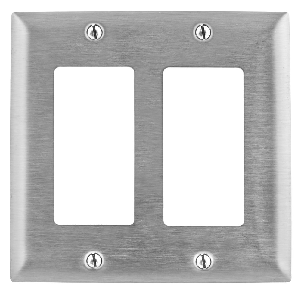 Hubbell Wiring Device Kellems, Wallplates and Boxes, Metallic Plates, 2-Gang, 2) GFCI Openings, Standard Size, Stainless Steel