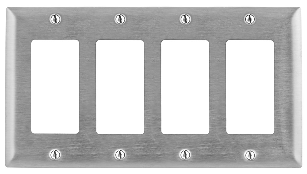 Hubbell Wiring Device Kellems, Wallplates and Boxes, Metallic Plates, 4-Gang, 4) GFCI Openings, Standard Size, Stainless Steel