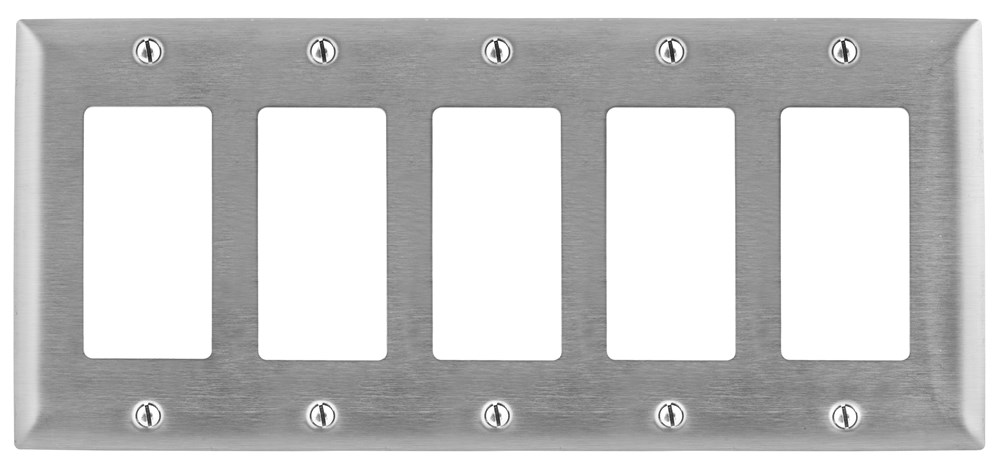 Hubbell Wiring Device Kellems, Wallplates and Boxes, Metallic Plates, 5-Gang, 5) GFCI Openings, Standard Size, Stainless Steel