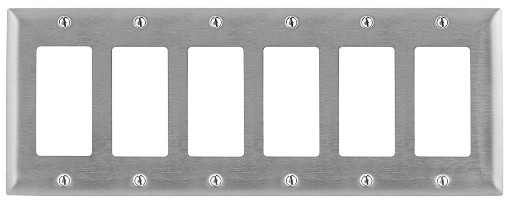 Hubbell Wiring Device Kellems, Wallplates and Boxes, Metallic Plates, 6-Gang, 6) GFCI Openings, Standard Size, Stainless Steel
