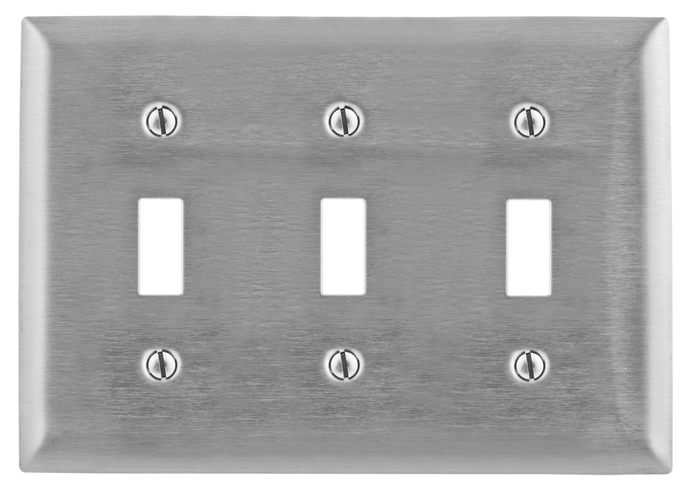 Hubbell Wiring Device Kellems, Wallplates and Boxes, Metallic Plates, 3-Gang, 3) Toggle Openings, Standard Size, Stainless Steel