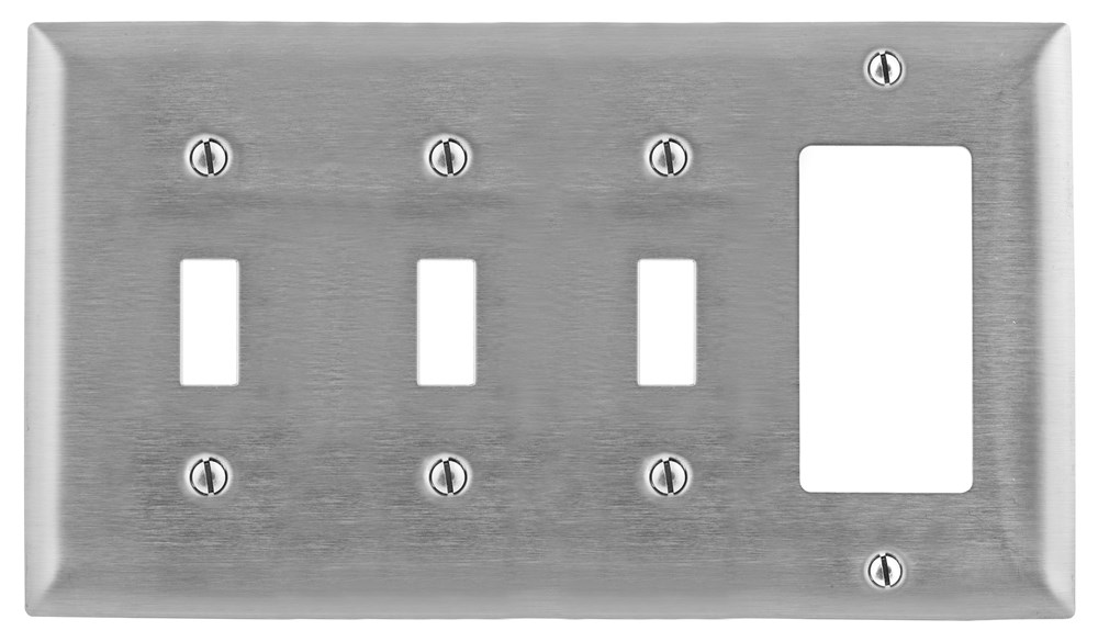 Hubbell Wiring Device Kellems, Wallplates and Boxes, Metallic Plates, 4-Gang, 3) Toggle 1) GFCI Openings, Standard Size, Stainless Steel