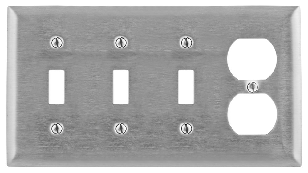 Hubbell Wiring Device Kellems, Wallplates and Boxes, Metallic Plates, 4-Gang, 3) Toggle 1) Duplex Openings, Standard Size, Stainless Steel