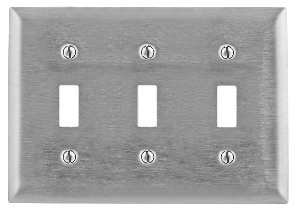 Hubbell Wiring Device Kellems, Wallplates and Boxes, Metallic Plates, 3-Gang, 3) Toggle Openings, Standard Size, Stainless Steel, Engraved 