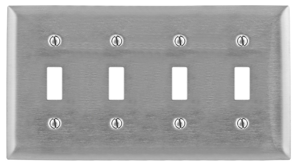 Hubbell Wiring Device Kellems, Wallplates and Boxes, Metallic Plates, 4-Gang, 4) Toggle Openings, Standard Size, Stainless Steel