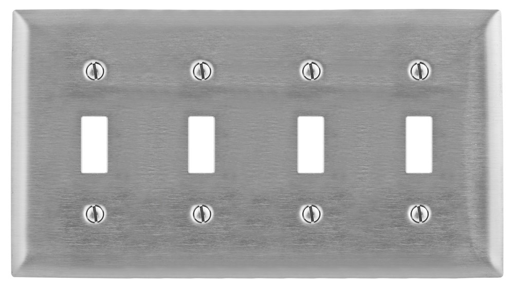 Hubbell Wiring Device Kellems, Wallplates and Boxes, Metallic Plates, 5-Gang, 4) Toggle Openings, Standard Size, Stainless Steel, Engraved 