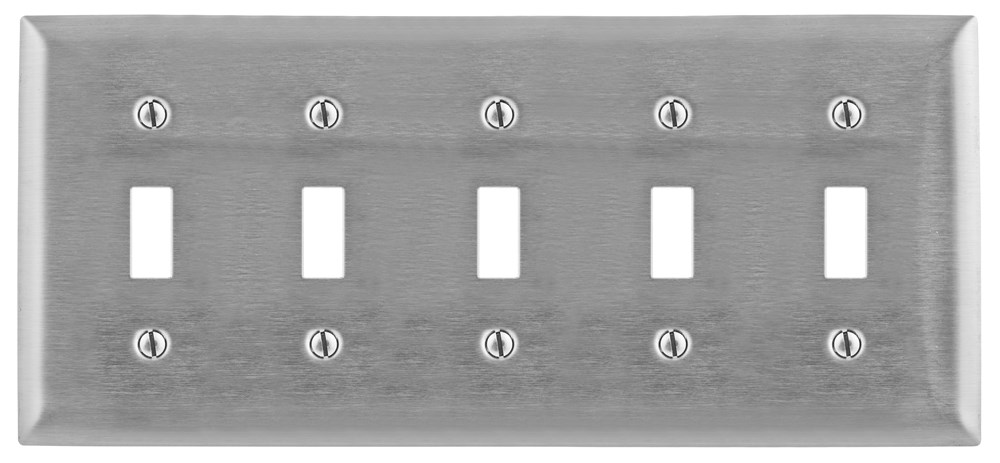 Hubbell Wiring Device Kellems, Wallplates and Boxes, Metallic Plates, 5-Gang, 5) Toggle Openings, Standard Size, Stainless Steel, Engraved 