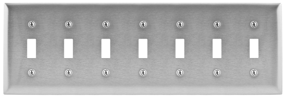 Hubbell Wiring Device Kellems, Wallplates and Boxes, Metallic Plates, 7-Gang, 7) Toggle Openings, Standard Size, Stainless Steel