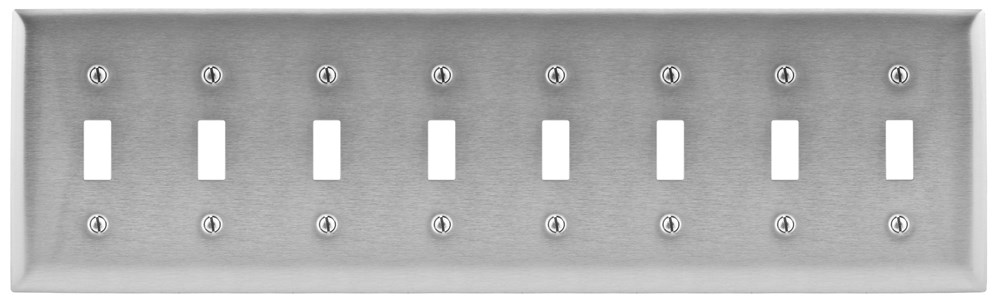 Hubbell Wiring Device Kellems, Wallplates and Boxes, Metallic Plates, 8-Gang, 8) Toggle Openings, Standard Size, Stainless Steel