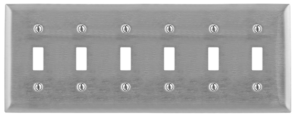 Hubbell Wiring Device Kellems, Wallplates and Boxes, Metallic Plates, 5-Gang, 6) Toggle Openings, Standard Size, Stainless Steel, Engraved 