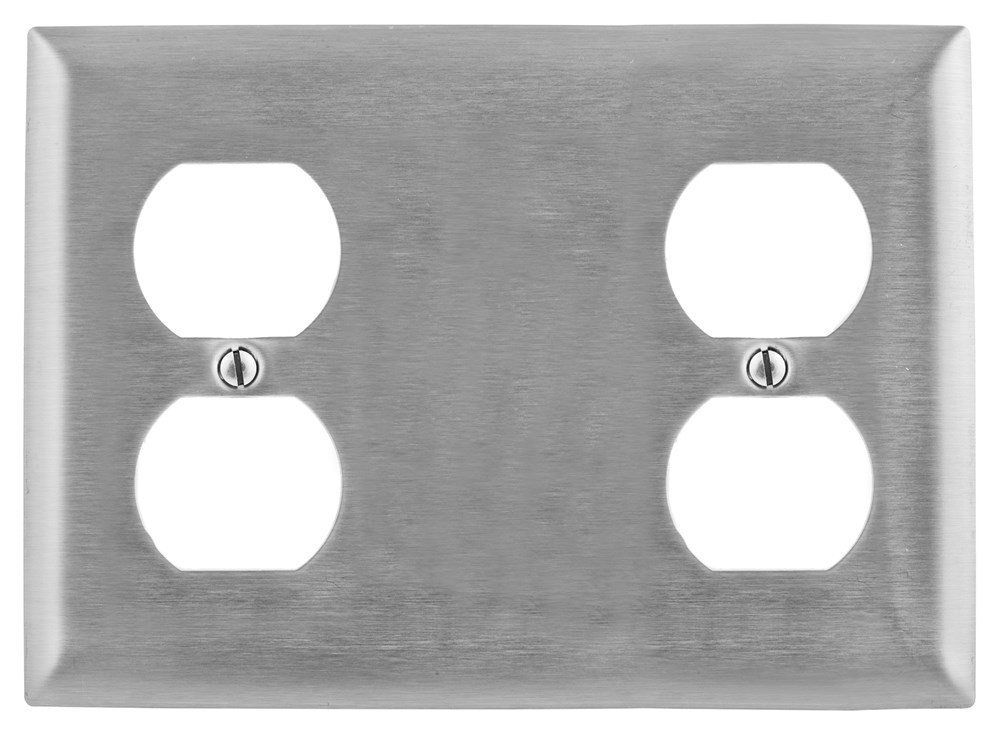 Hubbell Wiring Device Kellems, Wallplates and Boxes, Metallic Plates, 3-Gang, 1) Duplex 1) Blank, 1) Duplex, Standard Size, Stainless Steel