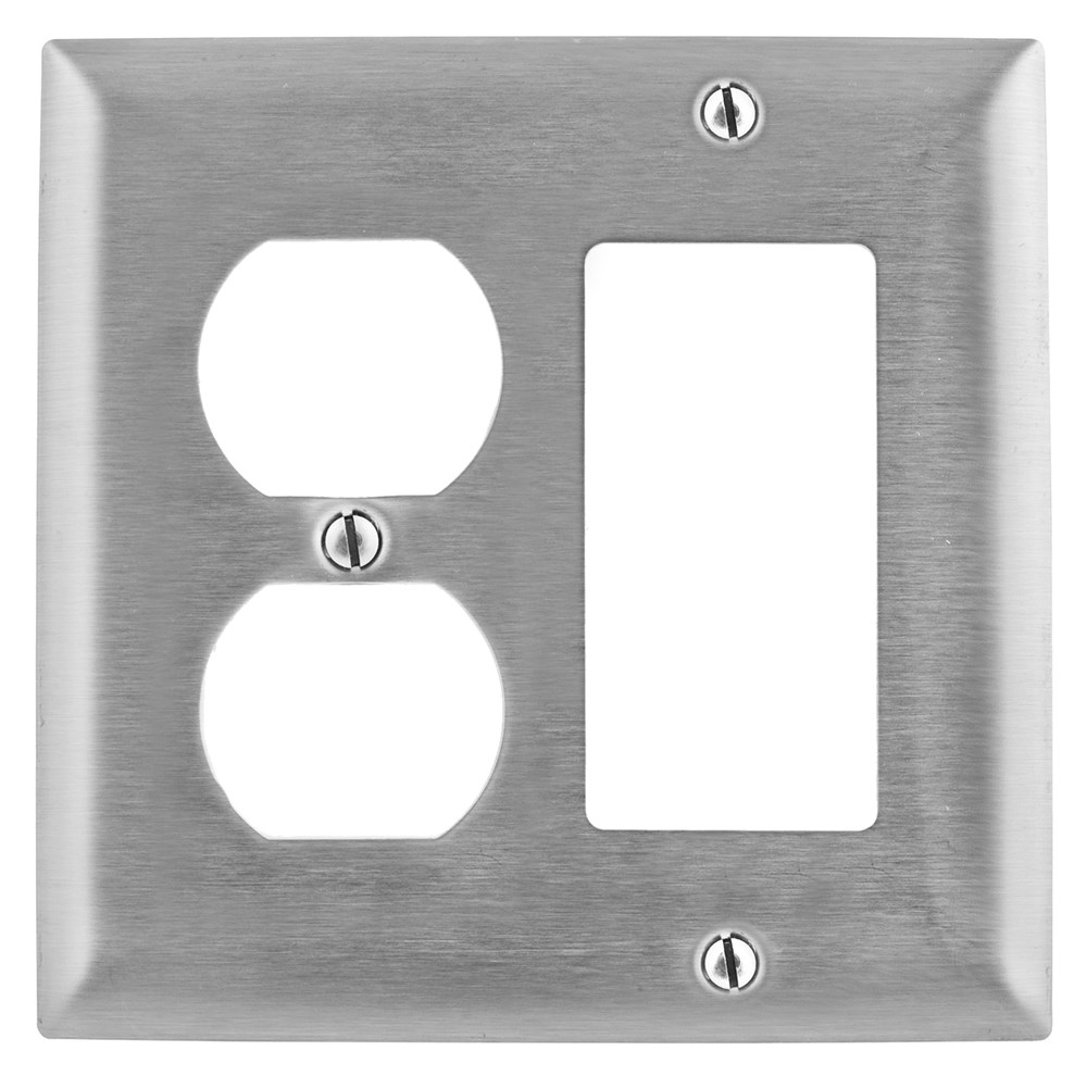 Hubbell Wiring Device Kellems, Wallplates and Boxes, Metallic Plates, 2-Gang, 1) Duplex 1) GFCI Openings, Standard Size, Stainless Steel