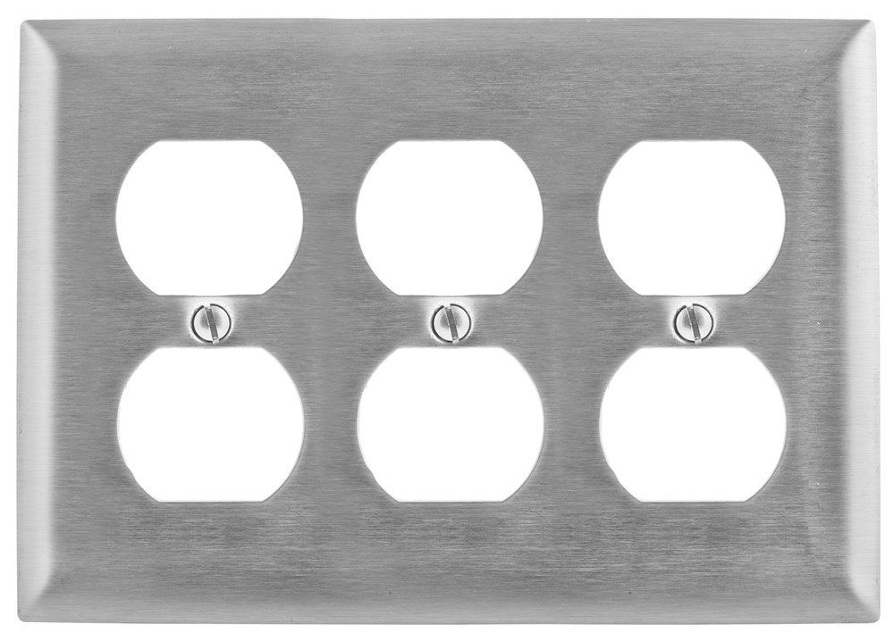 Hubbell Wiring Device Kellems, Wallplates and Boxes, Metallic Plates, 3-Gang, 3) Duplex Openings, Standard Size, Stainless Steel
