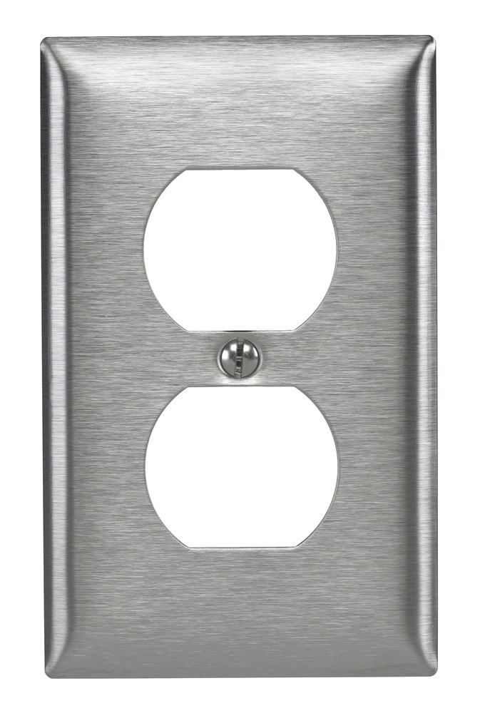 Hubbell Wiring Device Kellems, Wallplates and Boxes, Metallic Plates, 1-Gang, 1) Duplex Opening, 430 Stainless Steel