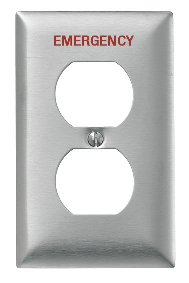 Hubbell Wiring Device Kellems, Wallplates and Boxes, Metallic Plates, 1-Gang, 1) Duplex Opening, Standard Size, Stainless Steel, Engraved