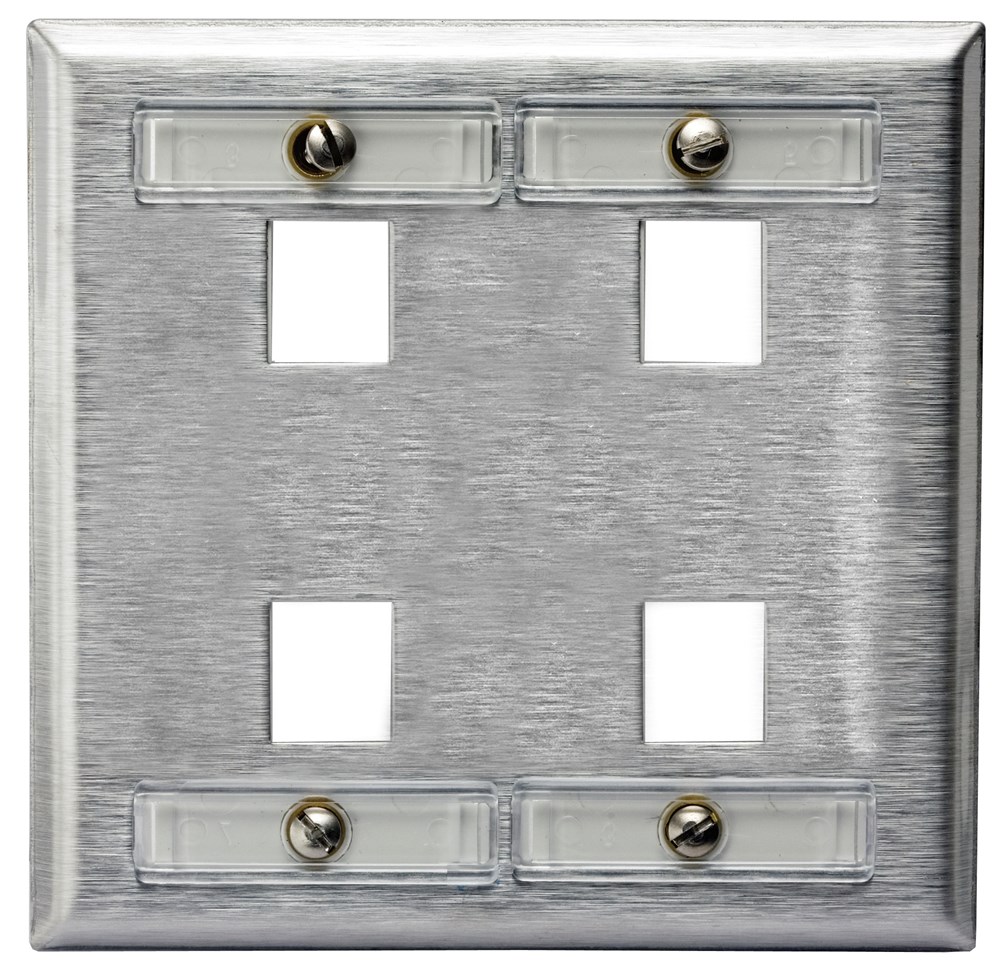 Hubbell Premise Wiring Products, Plates, 2-Gang, 4-Port, Unloaded, WithLabel Field, Stainless Steel