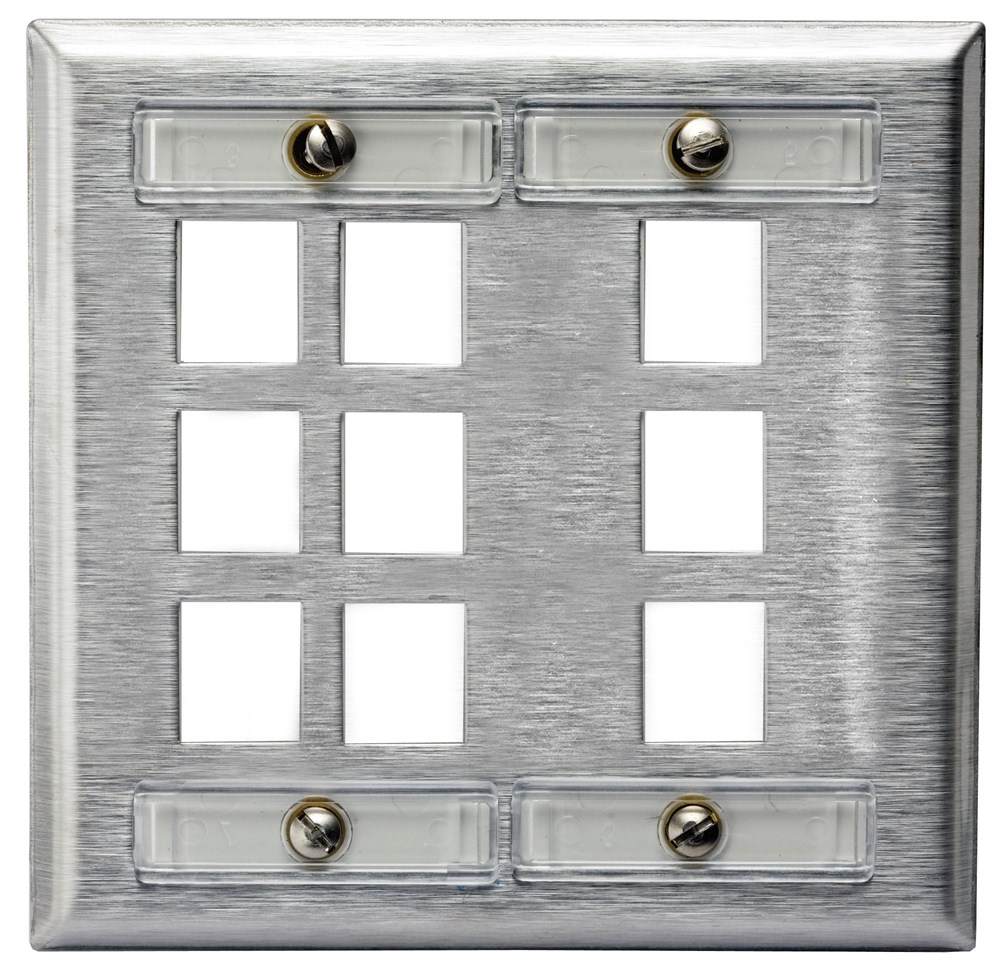 Hubbell Premise Wiring Products, Plates, 2-Gang, 9-Port, Unloaded, WithLabel Field, Stainless Steel
