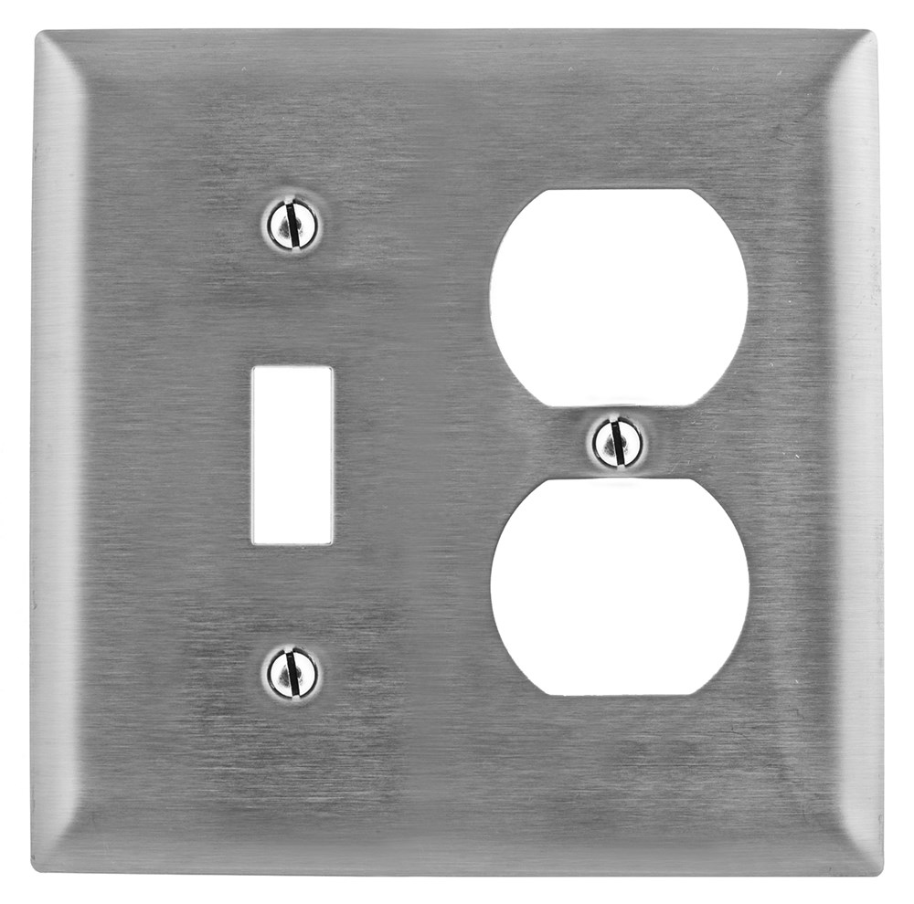 Hubbell Wiring Device Kellems, Wallplates and Boxes, Metallic Plates, 2-Gang, 1) Toggle, 1) Duplex, Jumbo, Stainless Steel