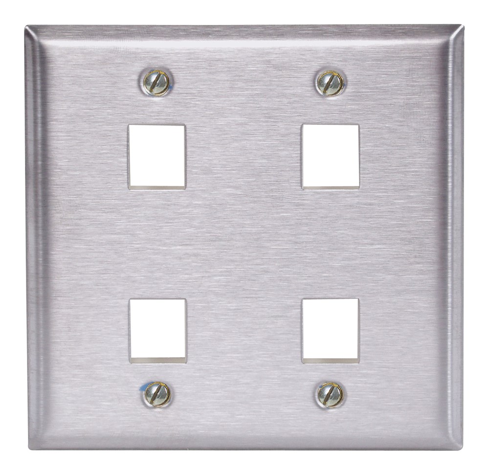 Hubbell Wiring Device Kellems, Wallplates and Covers, 2-Gang, 4) JackOpenings, Stainless Steel