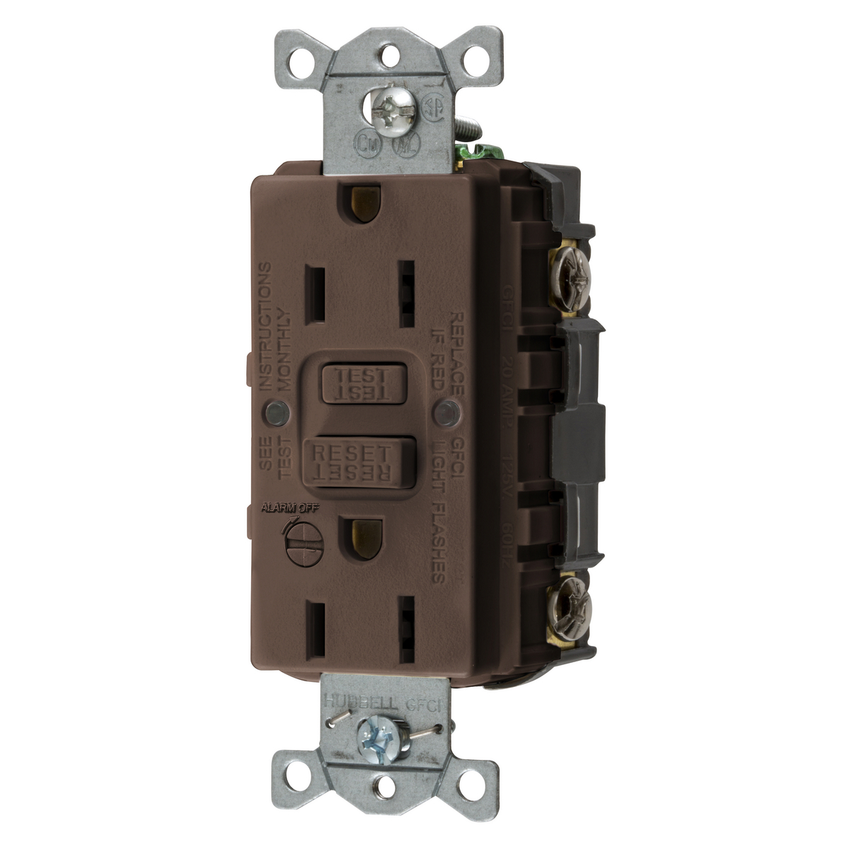 Hubbell Wiring Device Kellems, Power Protection Products, GFCIReceptacle, Self Test, Commercial Grade, 15A 125V, 2-Pole 3-WireGrounding, 5-15R, With Alarm, Brown