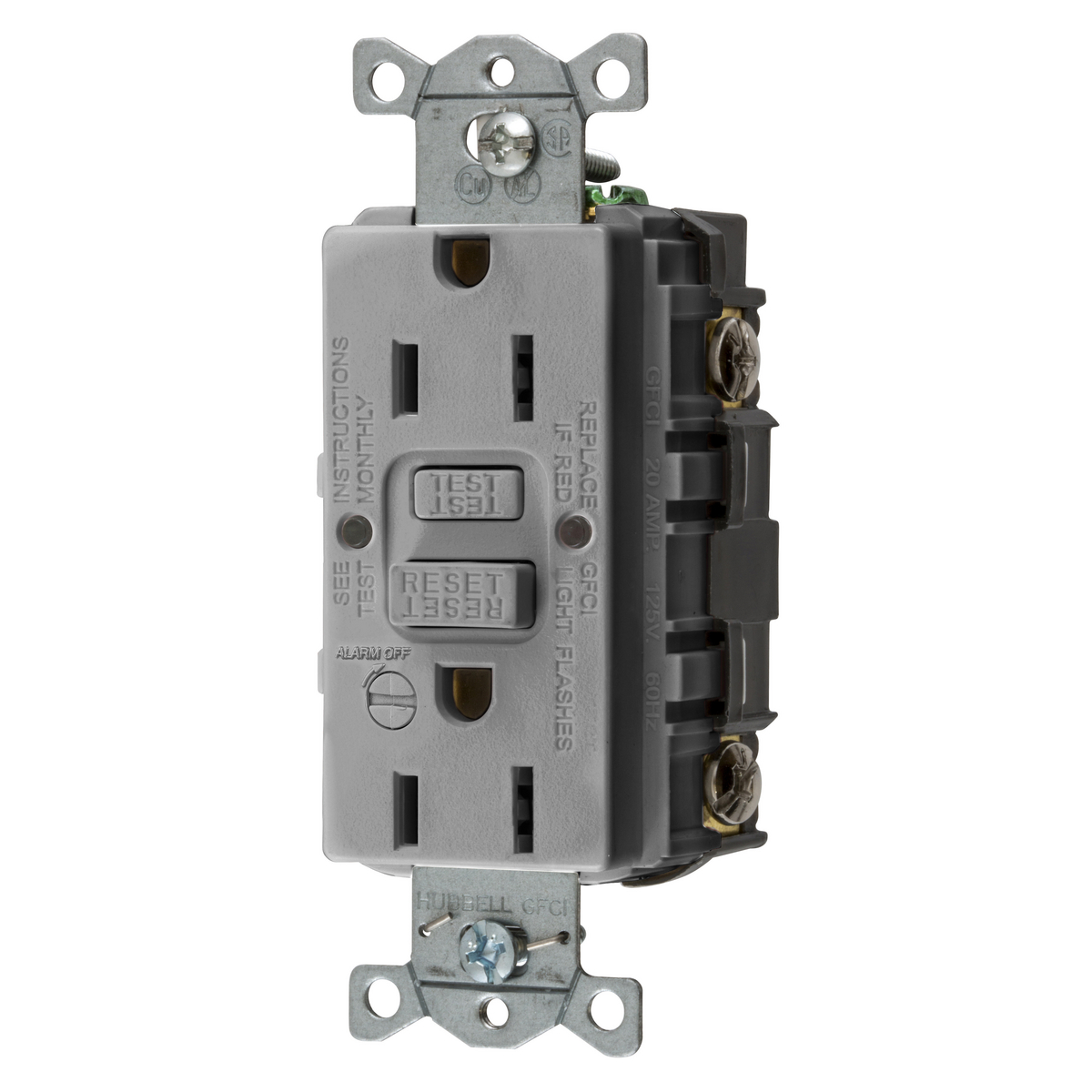 Hubbell Wiring Device Kellems, Power Protection Products, GFCIReceptacle, Self Test, Commercial Grade, 15A 125V, 2-Pole 3-WireGrounding, 5-15R, With Alarm, Gray