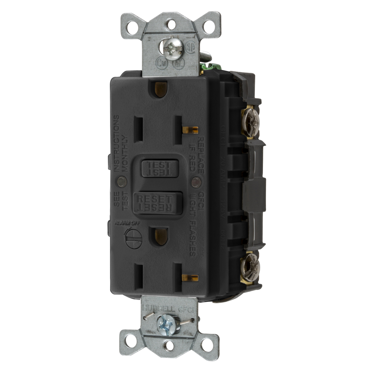 Hubbell Wiring Device Kellems, Power Protection Products, GFCIReceptacle, Self Test, Commercial Grade, 20A 125V, 2-Pole 3-WireGrounding, 5-20R, With Alarm, Black