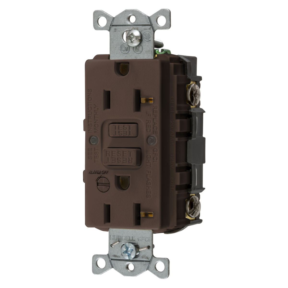 Hubbell Wiring Device Kellems, Power Protection Products, GFCIReceptacle, Self Test, Commercial Grade, 20A 125V, 2-Pole 3-WireGrounding, 5-20R, With Alarm, Brown