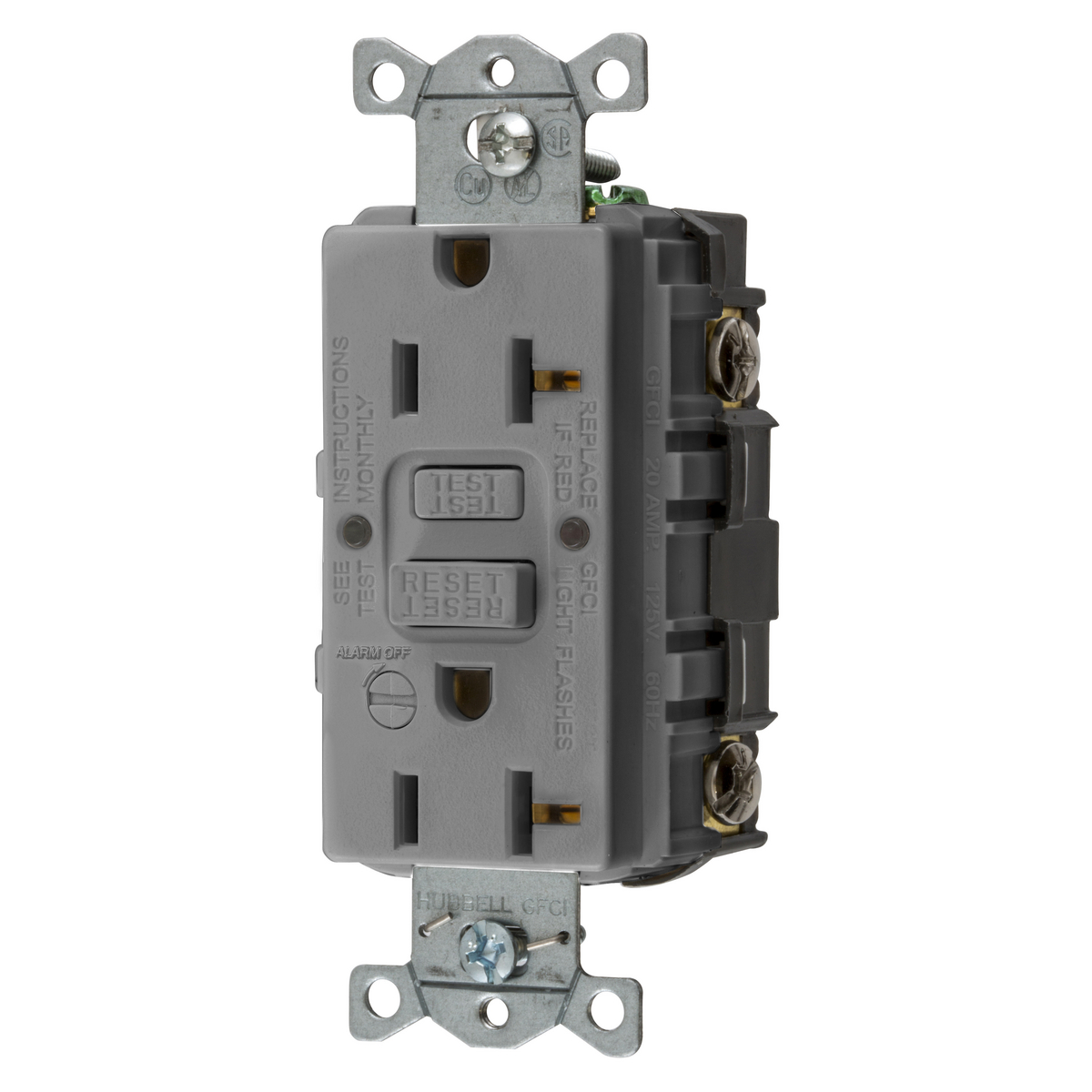 Hubbell Wiring Device Kellems, Power Protection Products, GFCIReceptacle, Self Test, Commercial Grade, 20A 125V, 2-Pole 3-WireGrounding, 5-20R, With Alarm, Gray