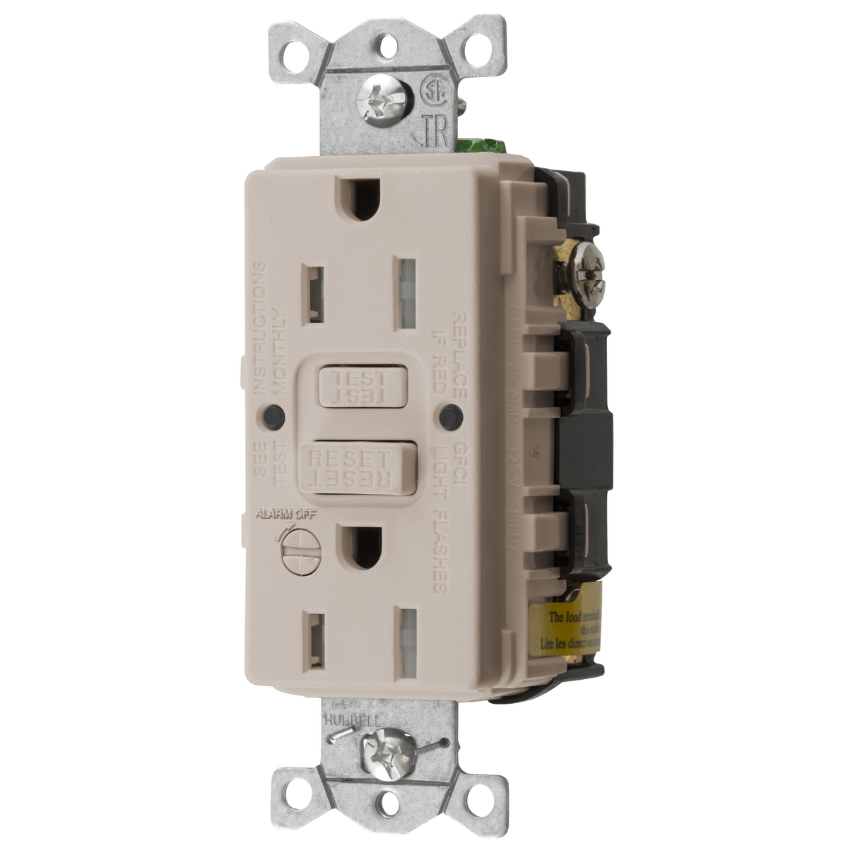 Hubbell Wiring Device Kellems, Power Protection Products, GFCIReceptacle, Self Test, Commercial Grade, Tamper Resistant, 15A 125V, 2-Pole 3-Wire Grounding, 5-15R, With Alarm, Light Almond