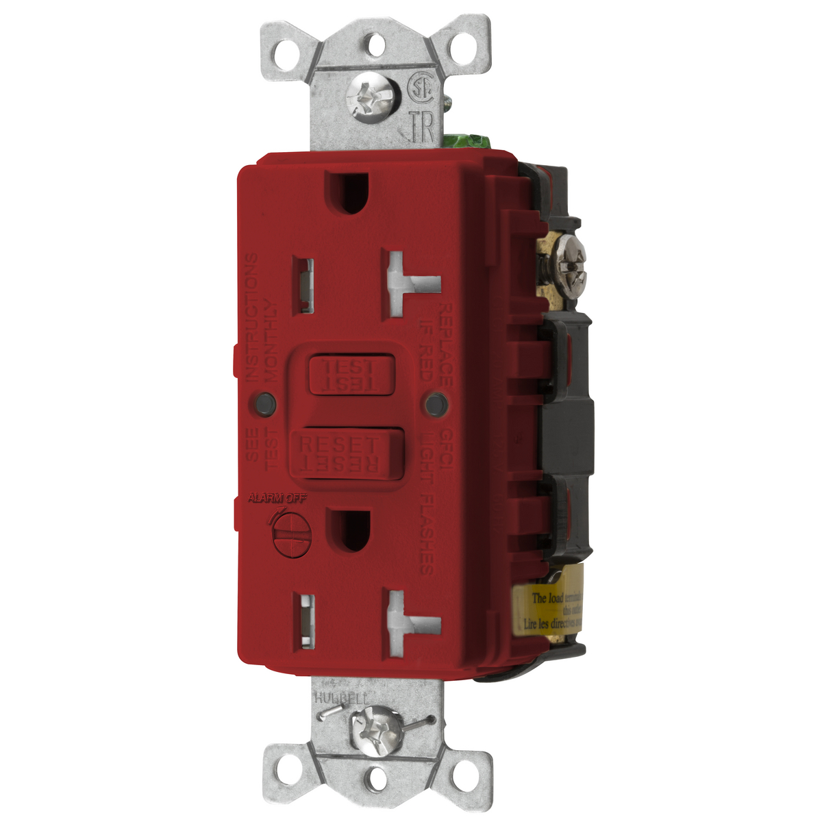 Hubbell Wiring Device Kellems, Power Protection Products, GFCIReceptacle, Self Test, Commercial Grade, Tamper Resistant, 20A 125V, 2-Pole 3-Wire Grounding, 5-20R, With Alarm, Red