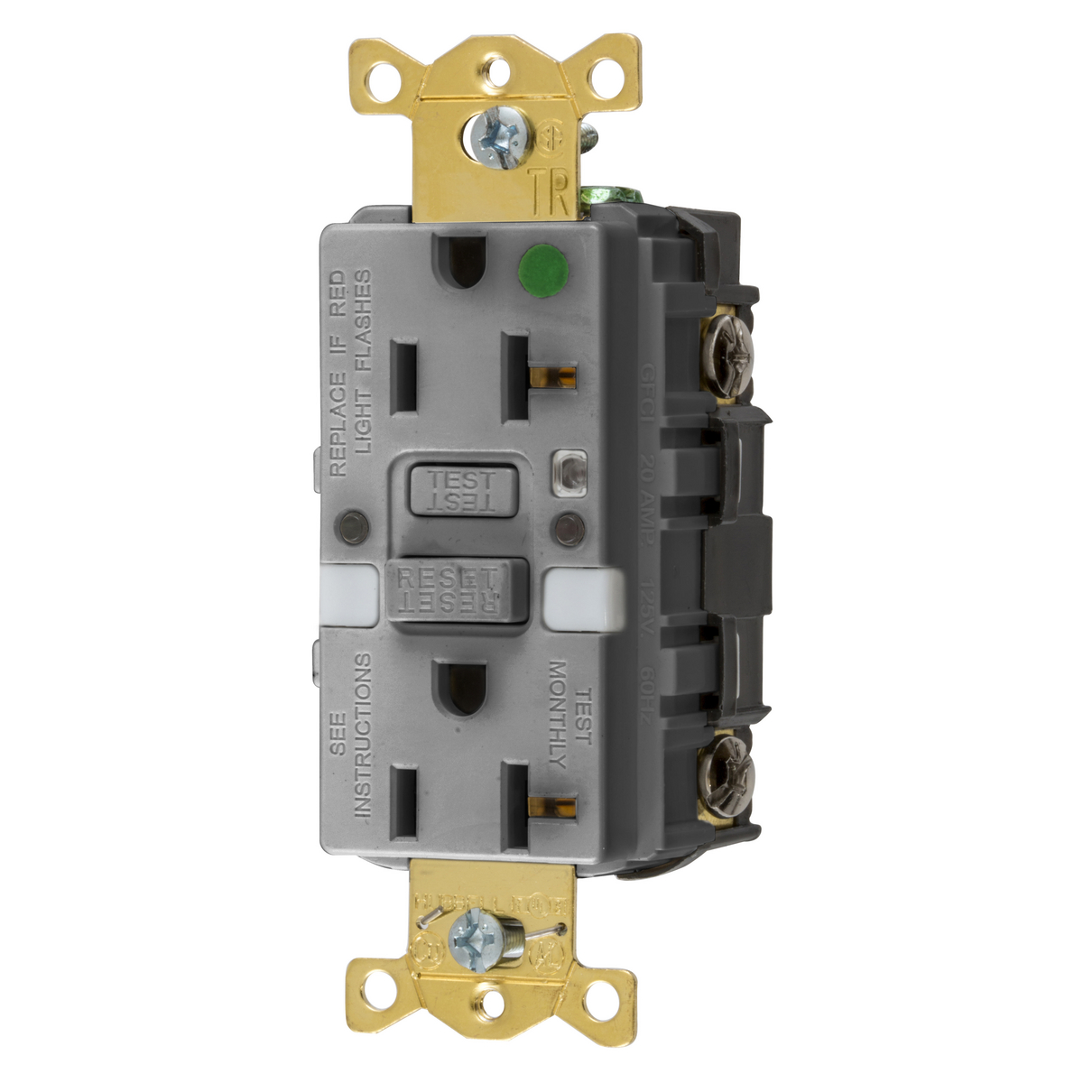 Receptacle, 20A, Com, HG, Self test, Tamper Resistant, Nightlight, GF, Gray