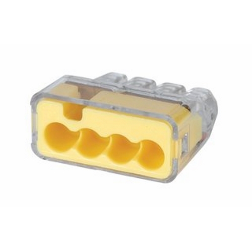 IDEAL, Wire Connector, In-Sure, Push-In, Size: 0.780 IN Length X 0.820 IN Width X 0.380 IN Height, Connection: 4 Ports, Wire Size: #12 AWG - #20 AWG Solid, #12 AWG - #16 AWG (19 Strand Or Less) #18 AWG (7 Strand) Stranded, #14 AWG - #18 AWG (19 Strand Or Less) Stranded (Tin Bonded), Color: Yellow, Voltage Rating: 600 V Maximum Building Wire, 1000 V Maximum Signs And Lighting Fixtures, Temperature Rating: 105 DEG C Shell Rated, Wire Type: Solid, Stranded, Stranded (Tin Bonded), Model: 34