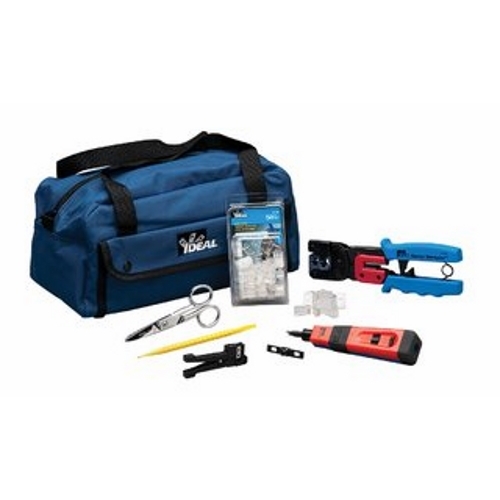 IDEAL, Network/Telco Installer Kit, Pro, Voice/Data/Video, Includes: (1) 30-696 Ratchet Telemaster, (1) 35-485 Punchmaster II Punch Down Tool With 110 Blade, (1) 35-473 Probe Pick & Spudger, (1) 45-165 Coaxial Stripper, 3/16 Inch to 5/16 Inch, (1) 35-088 Electrician's Scissors w/Stripping Notch, (1) 35-497 Replacement Blade, Punchmaster II Turn-Lock Style 66 Blade, (50) 85-396 8-Position 8-Contact Round Solid, (RJ-45) (Package of 50), (1) 35-535 Mechanic's Tool Bag